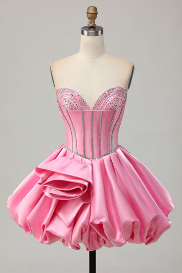 Pink Bodycon Sweetheart Satin Korset Homecoming Kjole med Rhinsten